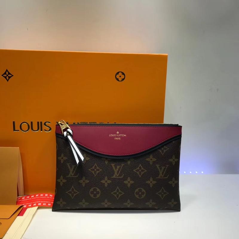 LV Handbags Clutches M63936 Old Flower Wine Red